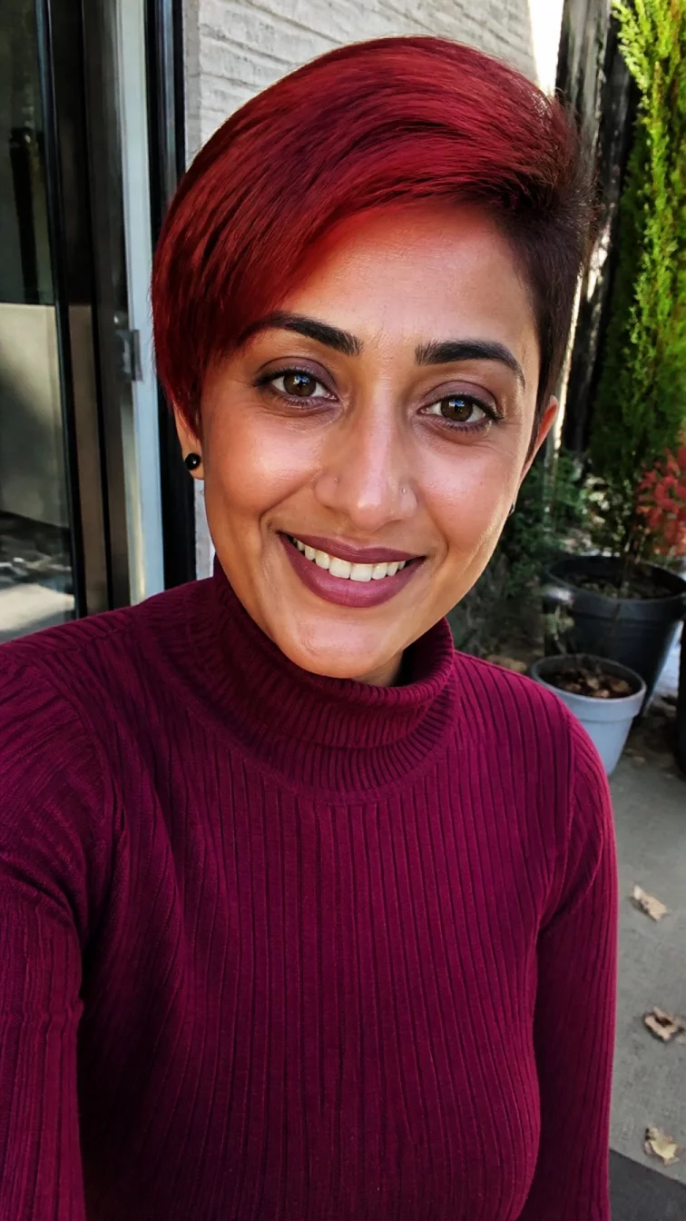 selfie of a 37-year-old South Asian woman with a oblong face, deep brown, button nose, thick natural eyebrows, and full lips. Her face features slightly crooked smile, faint under-eye shadows, and subtle natural facial asymmetry. She has almond-shaped hazel eyes, soft cheekbones, broad smile, cheerful. She is petite and is wearing a burgundy mock neck sweater with smoked paprika red undercut pixie hair, warm indoor lighting, outdoor