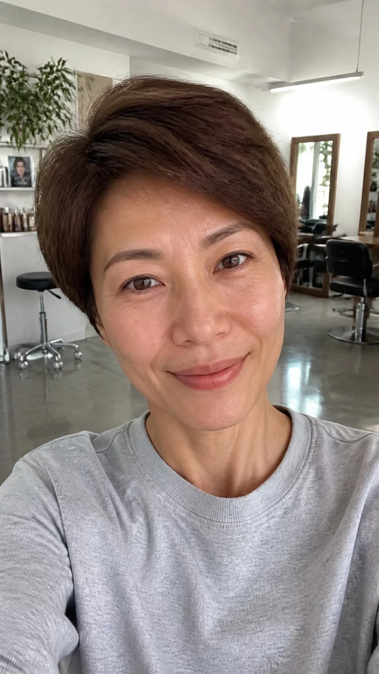 selfie of a 43-year-old East Asian woman with a heart-shaped face, tan, straight nose, straight eyebrows, and thin lips. Her face features small scar on the eyebrow, subtle acne marks, and subtle natural facial asymmetry. She has almond-shaped brown eyes, high cheekbones, broad smile, thoughtful. She is average and is wearing a light gray crewneck sweatshirt with iced mocha brown sleek pixie hair, bright natural daylight, hair salon