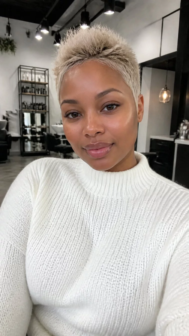 selfie of a 32-year-old Black African woman with a diamond face, fair, upturned nose, thin arched eyebrows, and full lips. Her face features gap between front teeth, faint under-eye shadows, and subtle natural facial asymmetry. She has monolid gray eyes, rounded cheeks, closed-mouth smile, confident. She is curvy and is wearing a white chunky knit sweater with vanilla soy blonde spiky pixie hair, overcast daylight, hair salon