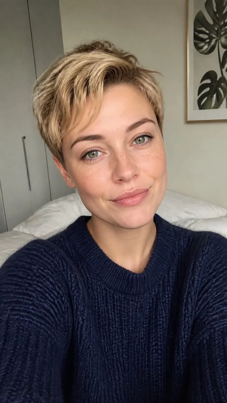 selfie of a 25-year-old Northern European woman with a pear-shaped face, dark brown, narrow nose, softly curved eyebrows, and full lips. Her face features widow's peak hairline, light freckles, and subtle natural facial asymmetry. She has almond-shaped gray eyes, rounded cheeks, subtle smile, relaxed. She is athletic and is wearing a navy blue chunky knit sweater with pale khaki blonde messy pixie hair, soft window light, indoor