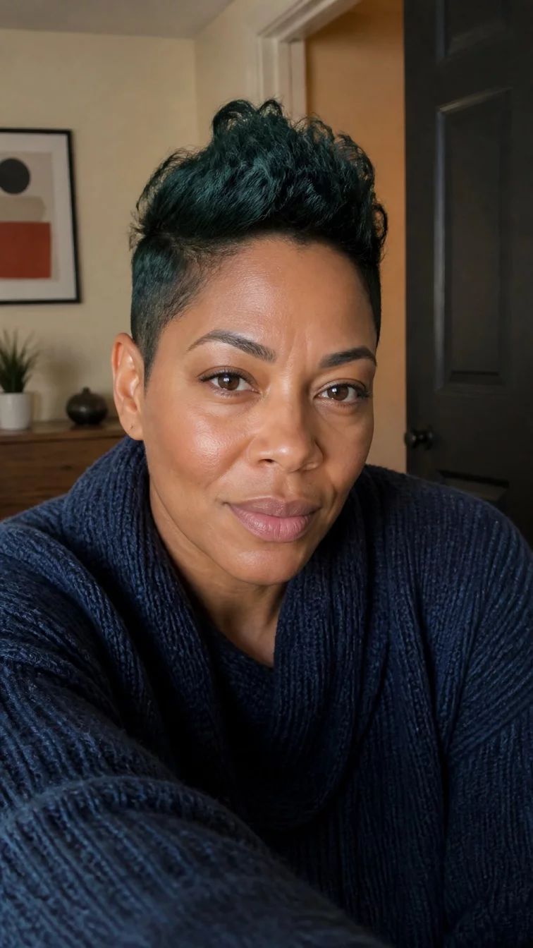 selfie of a 46-year-old Afro-Caribbean woman with a diamond face, light, broad nose, straight eyebrows, and full lips. Her face features uneven eyebrows, visible pores, and subtle natural facial asymmetry. She has upturned brown eyes, high cheekbones, subtle smile, thoughtful. She is athletic and is wearing a navy blue chunky knit sweater with dark forest green mohawk pixie hair, warm indoor lighting, indoor