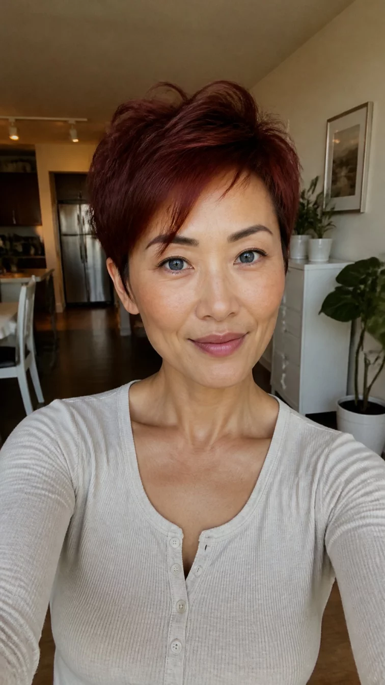 selfie of a 41-year-old East Asian woman with a heart-shaped face, olive, narrow nose, straight eyebrows, and full lips. Her face features small scar on the eyebrow, a few laugh lines, and subtle natural facial asymmetry. She has round blue eyes, pronounced cheekbones, subtle smile, thoughtful. She is slim and is wearing a beige henley shirt with spiced cider auburn tapered pixie hair, warm indoor lighting, indoor