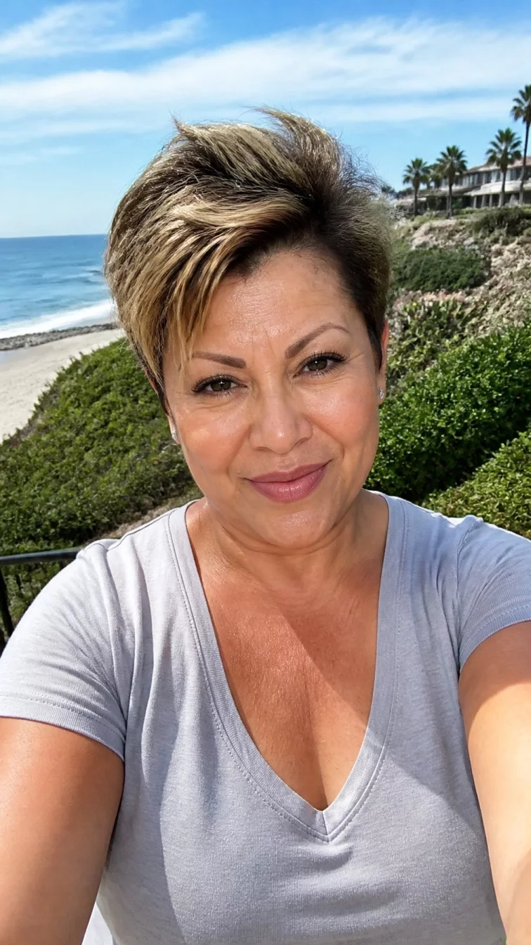 selfie of a 48-year-old Latina woman with a square face, dark brown, rounded nose, thin arched eyebrows, and full lips. Her face features widow's peak hairline, subtle acne marks, and subtle natural facial asymmetry. She has almond-shaped amber eyes, pronounced cheekbones, subtle smile, cheerful. She is curvy and is wearing a light gray v-neck t-shirt with golden honey balayage messy pixie hair, bright natural daylight, outdoor