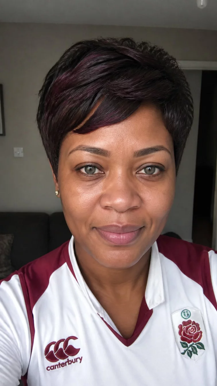 selfie of a 38-year-old Black African woman with a round face, light, broad nose, thick natural eyebrows, and heart-shaped lips. Her face features slightly crooked smile, faint under-eye shadows, and subtle natural facial asymmetry. She has round gray eyes, soft cheekbones, closed-mouth smile, thoughtful. She is athletic and is wearing a white rugby shirt with plum jam highlights feathered pixie hair, overcast daylight, indoor