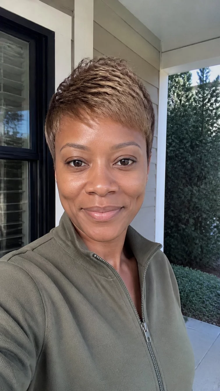 selfie of a 36-year-old Black African woman with a square face, dark brown, button nose, thin arched eyebrows, and thin lips. Her face features dimples, faint under-eye shadows, and subtle natural facial asymmetry. She has upturned brown eyes, pronounced cheekbones, closed-mouth smile, relaxed. She is slim and is wearing a olive green quarter-zip pullover with frosted walnut blonde wispy pixie hair, soft window light, outdoor