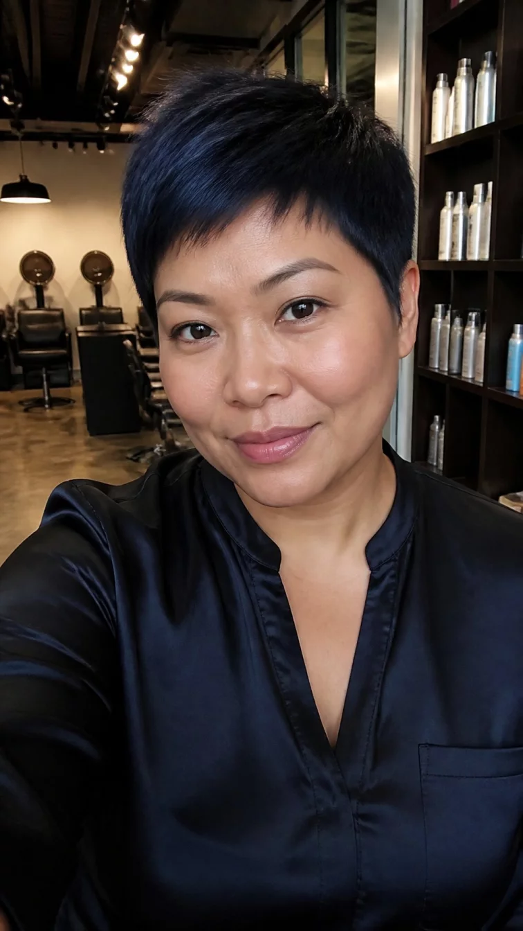 selfie of a 39-year-old East Asian woman with a round face, tan, upturned nose, straight eyebrows, and thin lips. Her face features slightly crooked smile, faint under-eye shadows, and subtle natural facial asymmetry. She has round dark brown eyes, pronounced cheekbones, subtle smile, relaxed. She is curvy and is wearing a black satin blouse with midnight navy tint sleek pixie hair, warm indoor lighting, hair salon