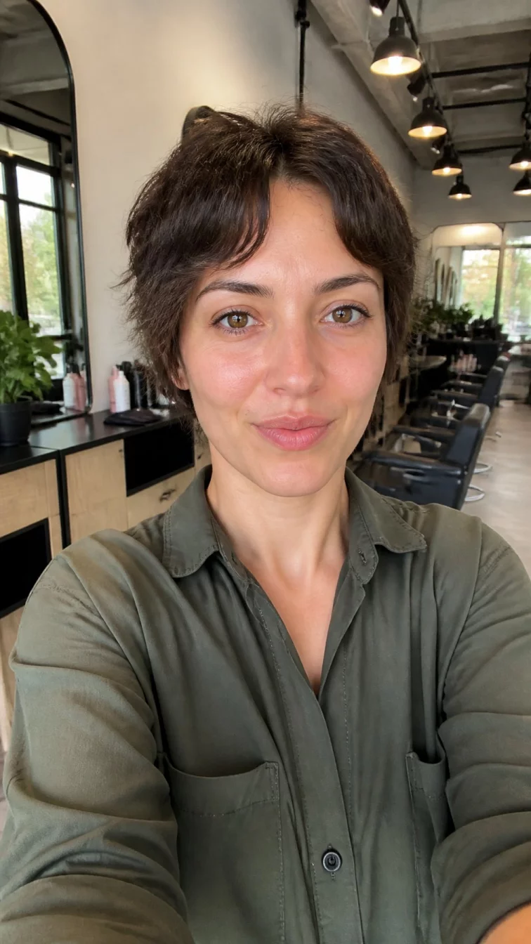 selfie of a 33-year-old Southern European woman with a oblong face, deep brown, rounded nose, thin arched eyebrows, and heart-shaped lips. Her face features widow's peak hairline, subtle acne marks, and subtle natural facial asymmetry. She has monolid amber eyes, rounded cheeks, closed-mouth smile, playful. She is slim and is wearing a olive green oversized button-up shirt with mushroom brown ombre choppy pixie hair, soft window light, hair salon