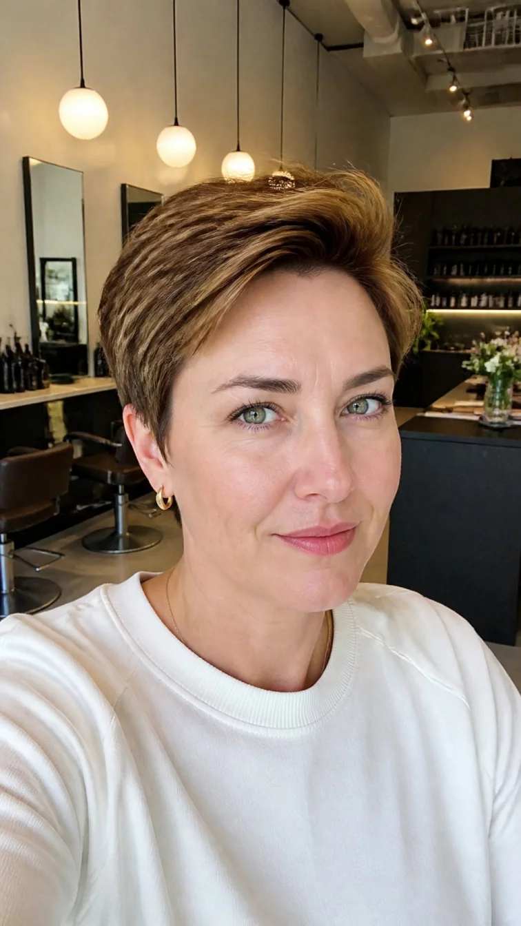 selfie of a 49-year-old Northern European woman with a round face, fair, straight nose, thick natural eyebrows, and thin lips. Her face features small scar on the eyebrow, subtle acne marks, and subtle natural facial asymmetry. She has almond-shaped hazel eyes, soft cheekbones, subtle smile, thoughtful. She is slim and is wearing a white crewneck sweatshirt with burnt toffee highlights layered pixie hair, bright natural daylight, hair salon