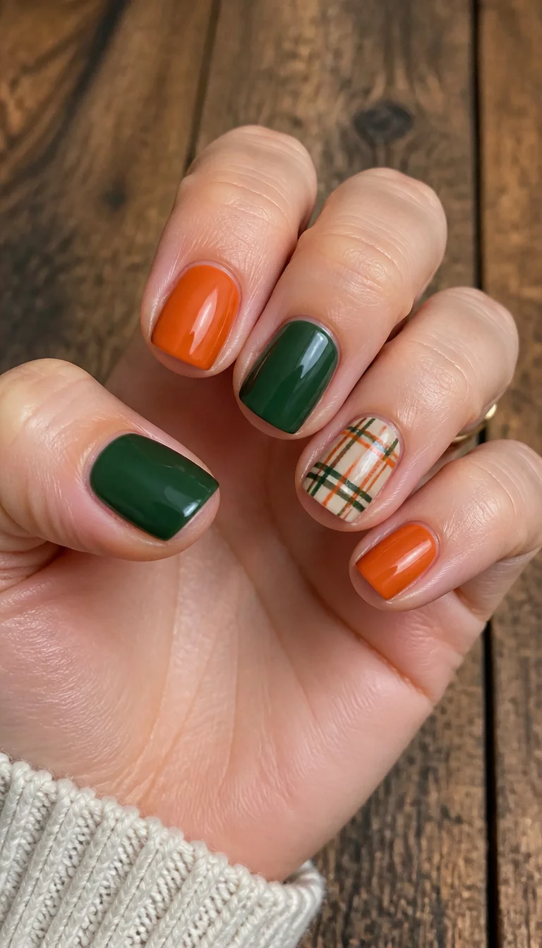 Green And Orange Earth Tones close-up shot of a woman’s hand with five fingers showing short square-shaped nails painted in a mix of solid forest green and pumpkin orange colors with one accent nail featuring a plaid design, wooden background.