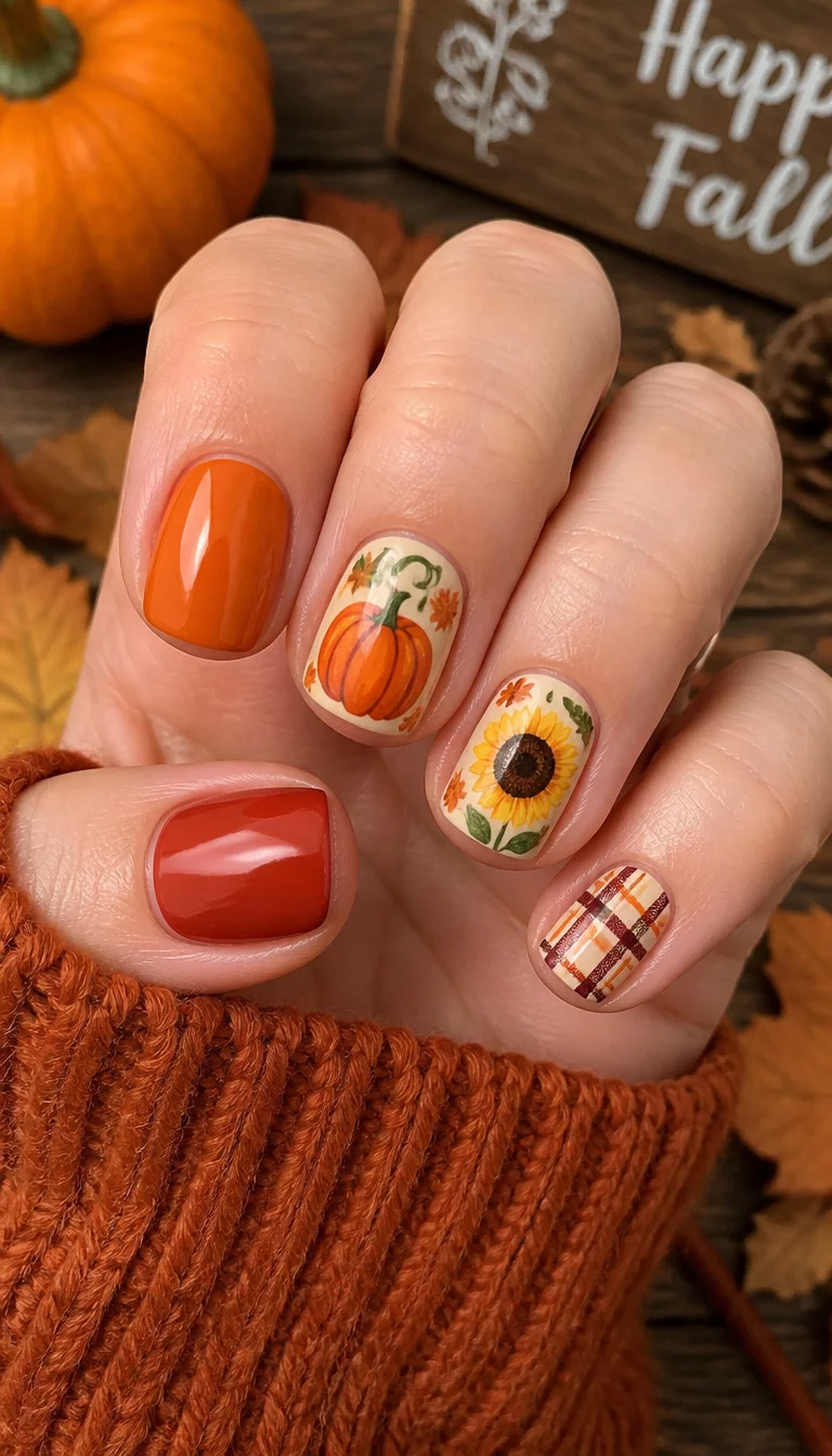 The Ultimate Fall Harvest close-up shot of a woman’s hand with five fingers showing short squoval shaped nails with a fall theme including pumpkins, sunflowers, plaid patterns, and solid orange and red colors, rustic autumn background.