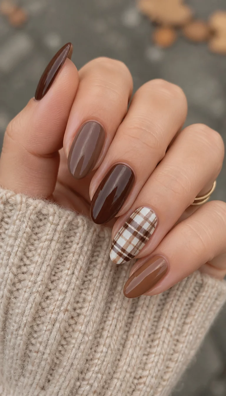 Chocolate Brown Sophistication close-up shot of a woman’s hand with five fingers showing almond-shaped nails in chocolate brown tones, solid brown colors with an accent nail featuring a brown and white plaid pattern, soft outdoor lighting.