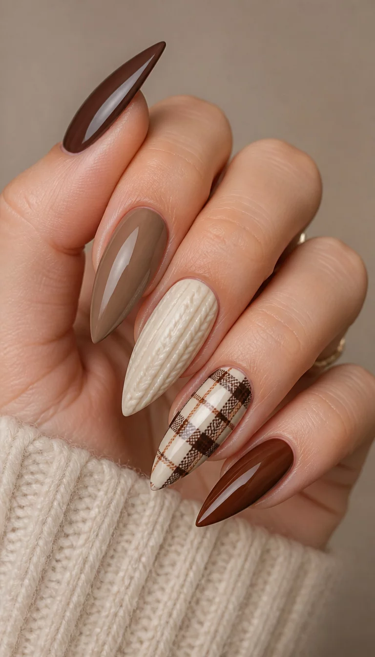 Knitted Textures And Stiletto Points close-up shot of a woman’s hand with five fingers showing stiletto-shaped nails with a mix of brown colors, cream with a knitted texture, and a plaid design, neutral soft background.