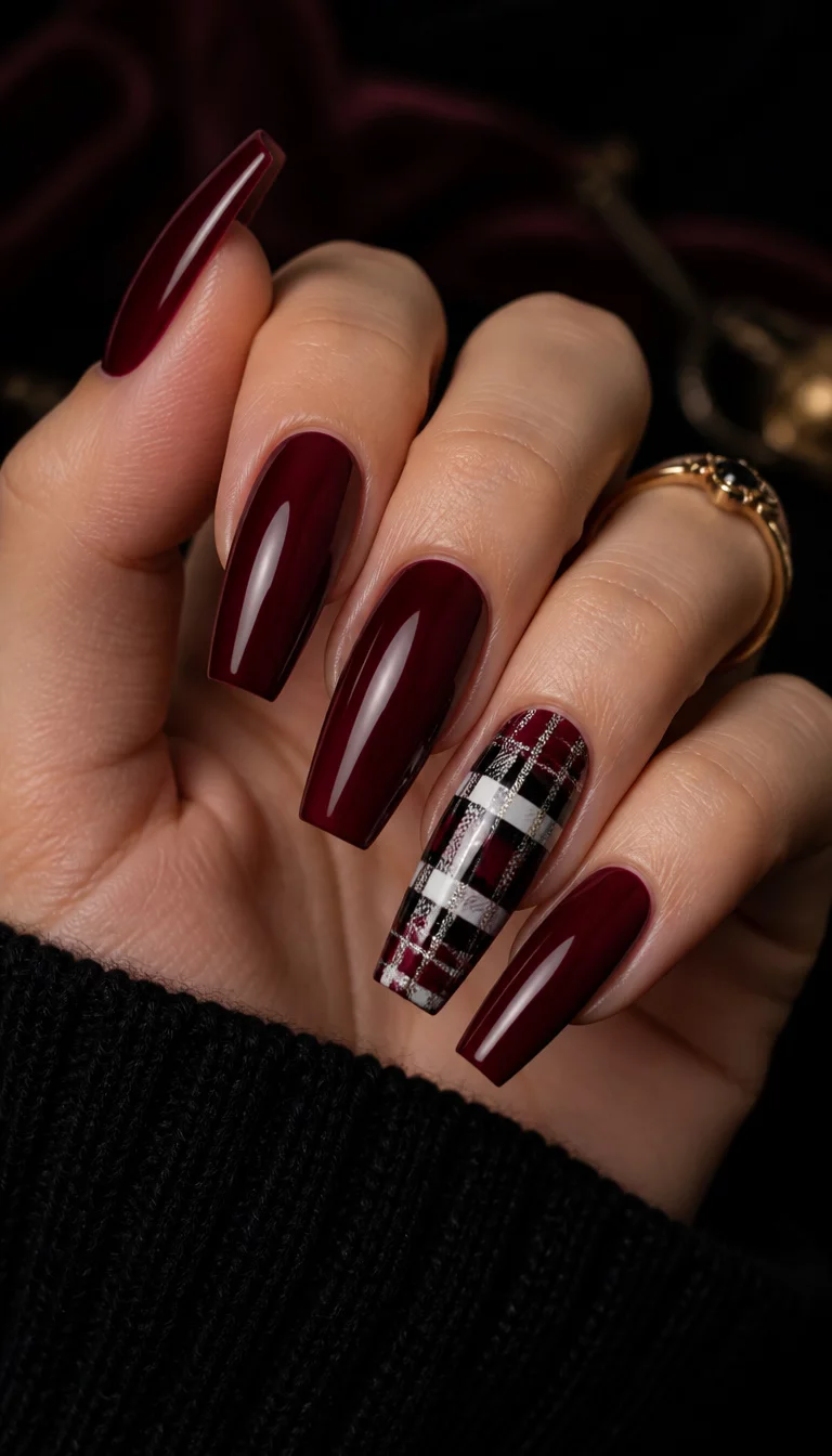 Dramatic Burgundy And Silver close-up shot of a woman’s hand with five fingers showing long coffin-shaped nails painted a deep burgundy red with one accent nail featuring a black, white, and silver plaid design, dark elegant background.