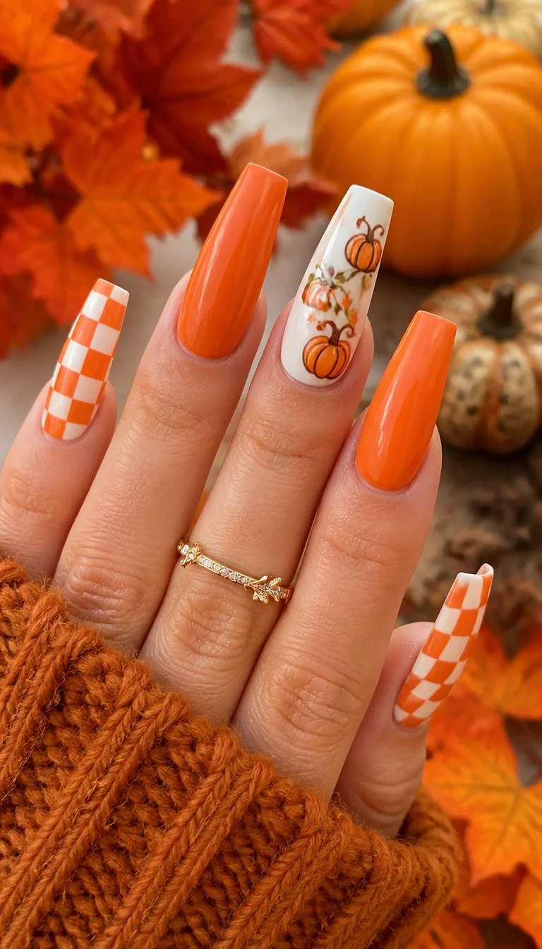 Pumpkin Orange Checkered Fun close-up shot of a woman’s hand with five fingers showing coffin-shaped nails with orange and white checkered patterns, solid orange nails, and white nails with painted pumpkins and leaves, bright fall background.