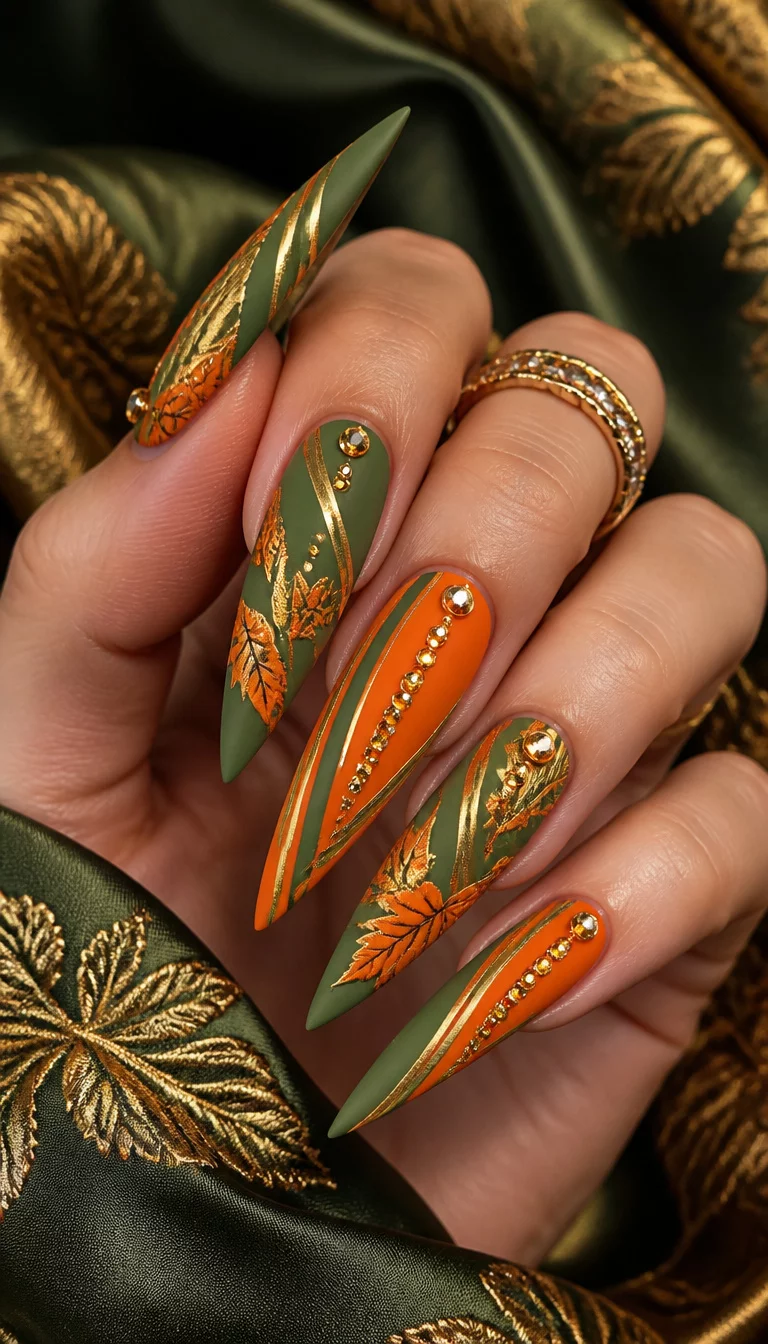 Matte Green And Gold Stones close-up shot of a woman’s hand with five fingers showing very long stiletto-shaped nails with a matte finish featuring orange and green stripes, scattered orange leaves, and gold accents with rhinestones, luxury fabric background.