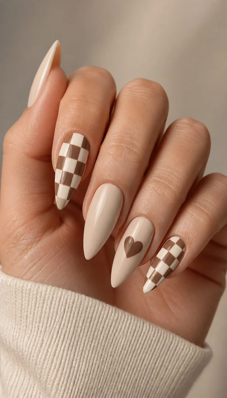 Beige Beauty With A Heart close-up shot of a woman’s hand with five fingers showing stiletto-shaped nails painted in a light beige color, featuring brown and white checkered patterns and a single heart motif, soft neutral background.