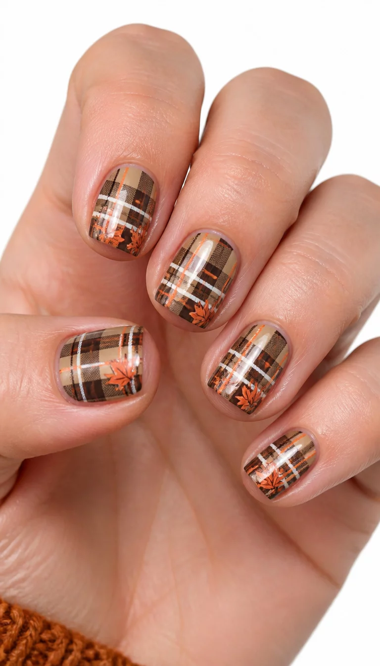 White Lines And Falling Leaves close-up shot of a woman’s hand with five fingers showing short square-shaped nails covered in a plaid design with orange leaf accents and crisp white lines, plain white background.