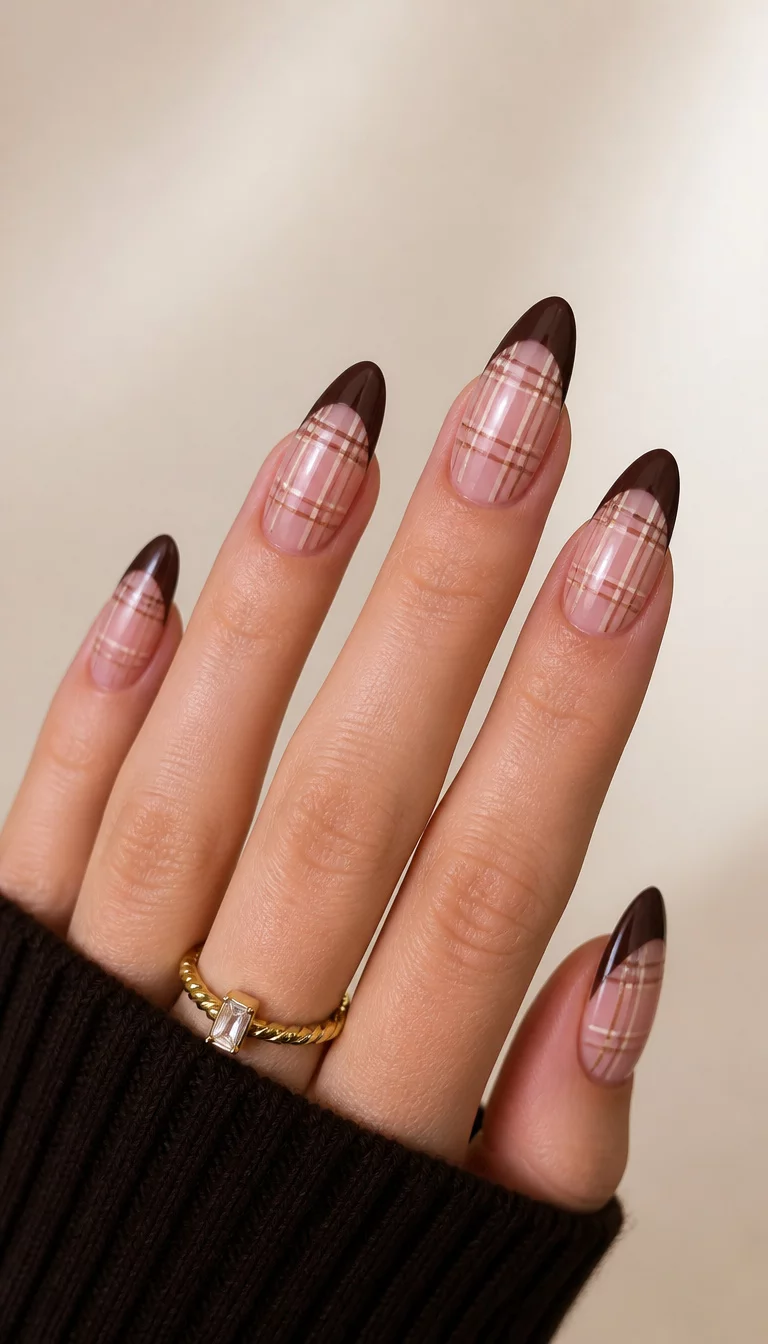 Deep Brown Elegance close-up shot of a woman’s hand with five fingers showing long almond-shaped nails with a French tip design featuring deep brown tips and plaid patterns on a translucent pink base, soft cream background.