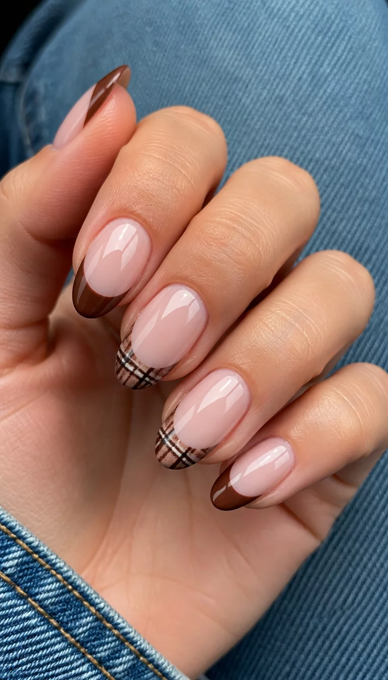 Modern Brown French Manicure close-up shot of a woman’s hand with five fingers showing almond-shaped nails with a translucent pink base, featuring dark brown French tips and plaid accent tips, denim background.