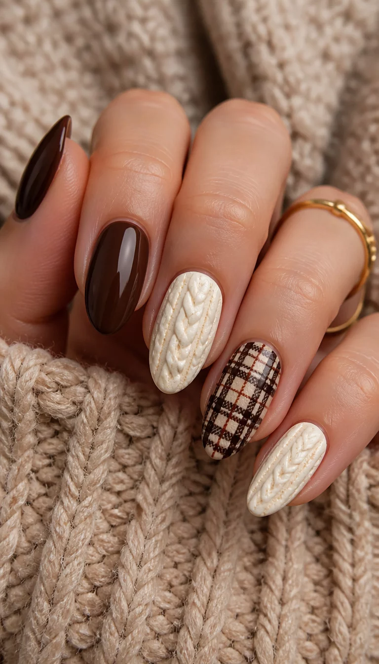 Cable Knit Textures And Creamy Tones close-up shot of a woman’s hand with five fingers showing almond-shaped nails featuring a mix of deep brown, cream, and plaid designs with a 3D cable-knit texture on the cream nails, cozy wool sweater background.
