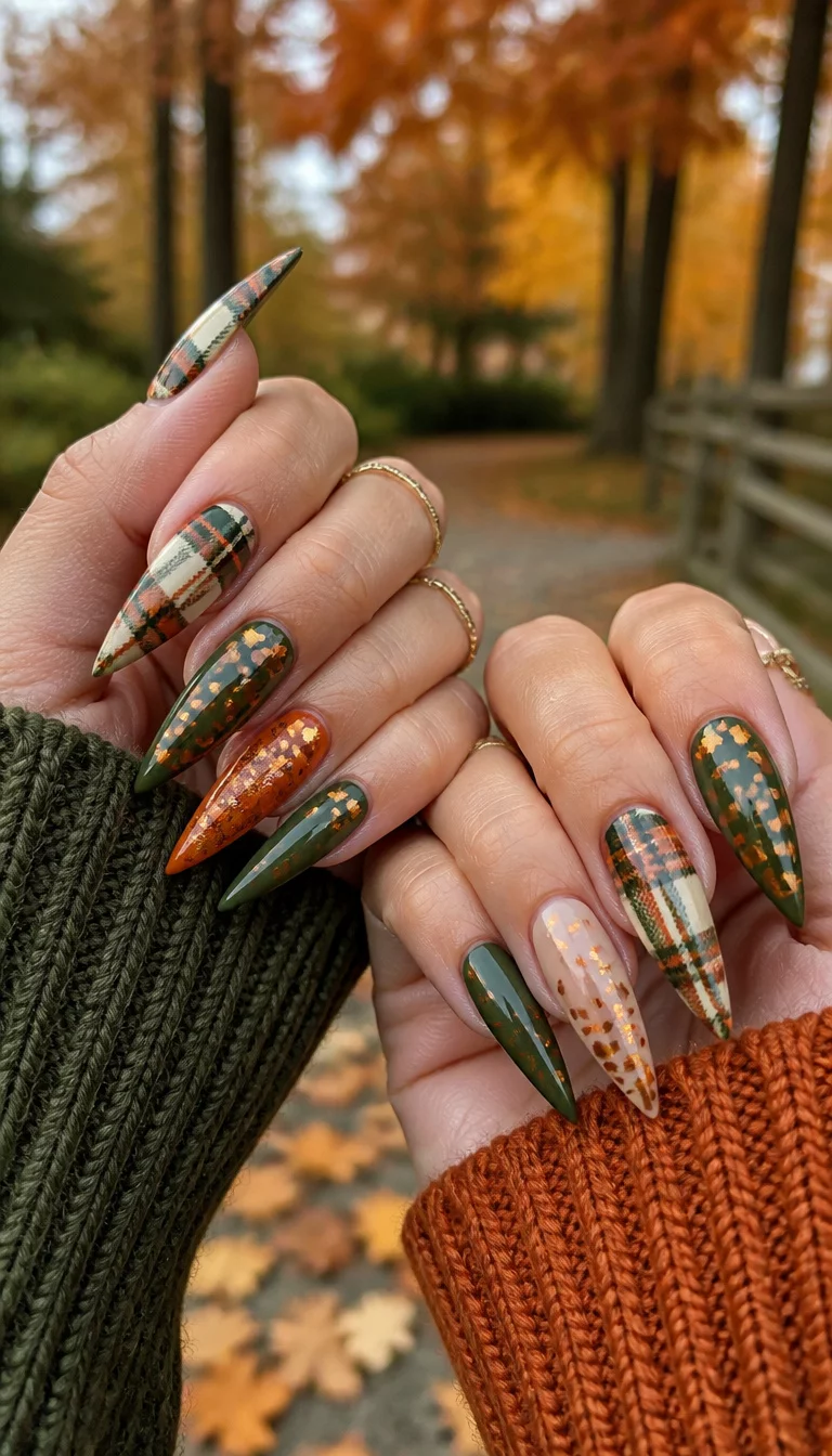 Stiletto Spices And Confetti close-up shot of two hands showing long stiletto-shaped nails with plaid patterns in autumnal colors, green and orange stripes, and orange confetti leaves, outdoors in autumn.