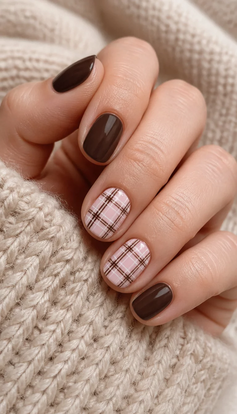 Dark Chocolate And Soft Pink close-up shot of a woman’s hand with five fingers showing short oval-shaped nails, four nails are solid dark brown and two accent nails feature a light pink base with a brown and white plaid design, soft sweater background.