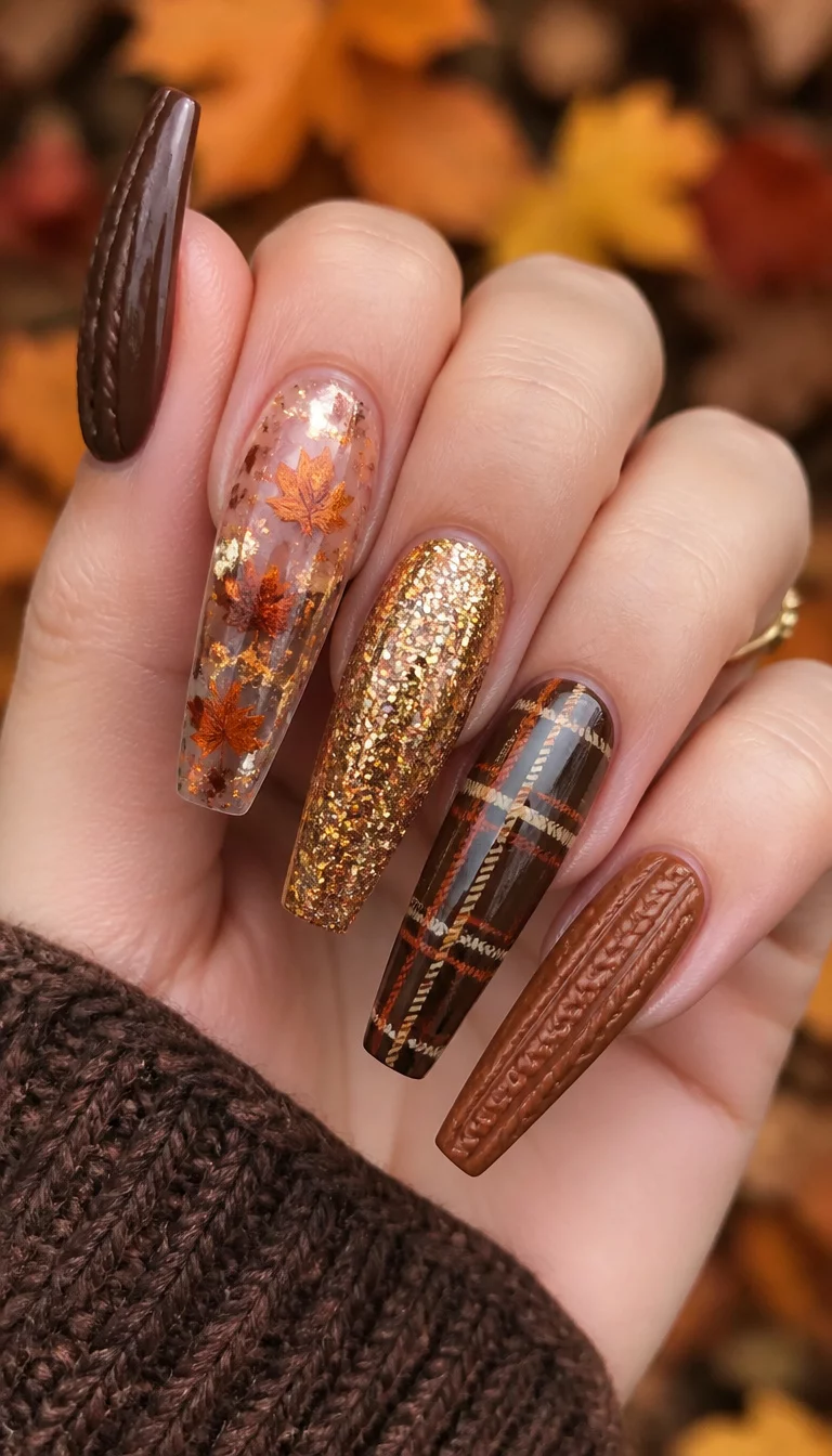 Autumn Leaves And Coffin Shapes close-up shot of a woman’s hand with five fingers showing very long coffin-shaped nails in brown shades, featuring cable-knit designs, clear polish with orange leaf confetti, gold glitter, and plaid accents, blurry autumn leaf background.