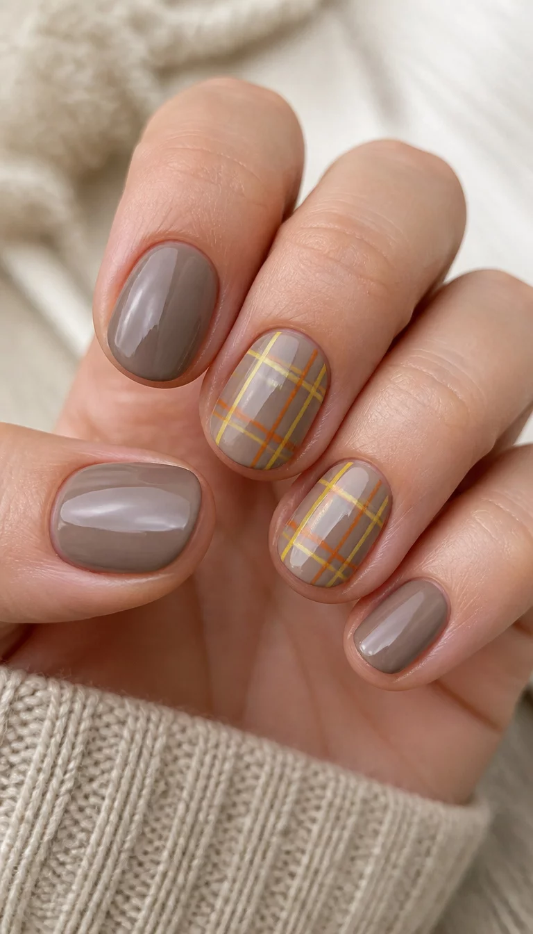 Taupe And Sunny Grids close-up shot of a woman’s hand with five fingers showing short rounded nails with a taupe base color, accent nails featuring a plaid design with yellow and orange lines on a taupe background, soft natural lighting.