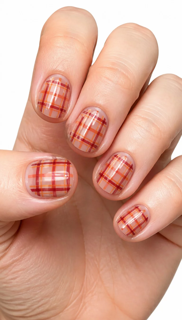 Glossy Red And Orange Grids close-up shot of a woman’s hand with five fingers showing short rounded nails with a transparent base coat featuring a red and orange plaid design with a high glossy finish, white background.