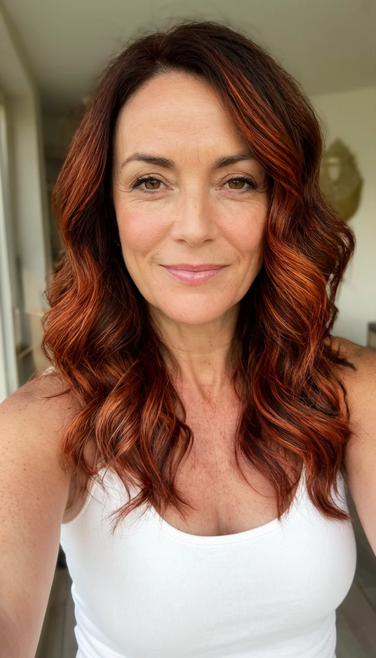 Subtle Copper Infusions selfie of a 35-year-old woman wearing a white tank top with a rich brown with reddish-copper highlights colored wavy hairstyle, front view, indoor setting