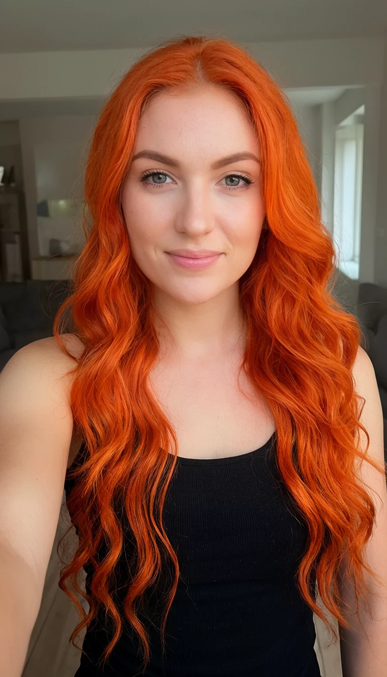 Fiery Tangerine Smile selfie of a 23-year-old woman wearing a black tank top with a fiery orange colored long wavy hairstyle, front view, indoor setting