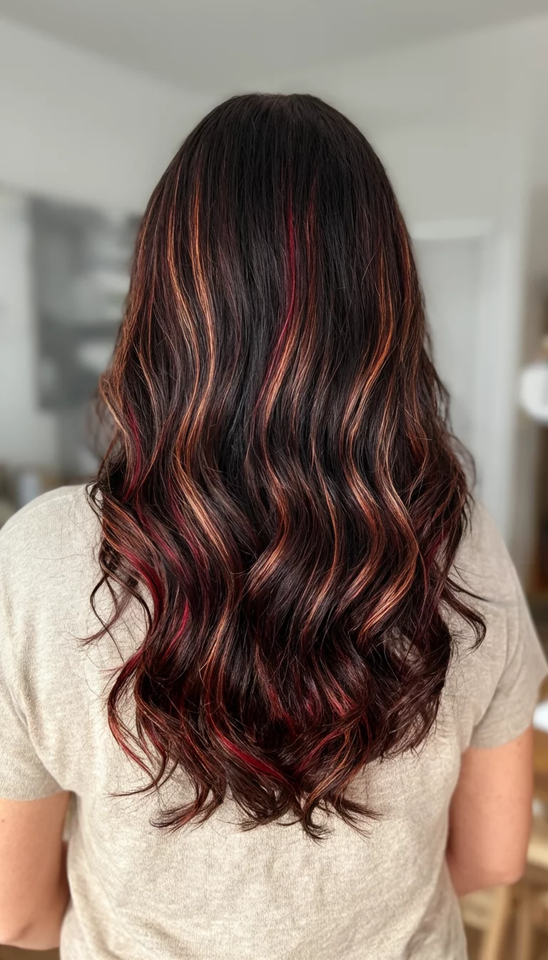 Copper Streak Dimension casual photo of a 42-year-old woman wearing a neutral top with a dark brown with copper and red highlights colored long wavy hairstyle, back view, indoor setting