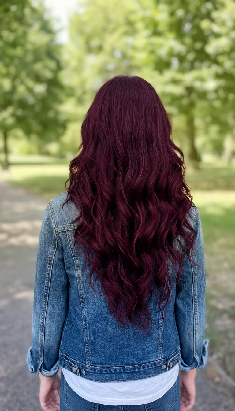 Deep Burgundy Cascade casual photo of a 38-year-old woman wearing a denim jacket with a deep burgundy colored very long wavy hairstyle, back view, outdoor setting