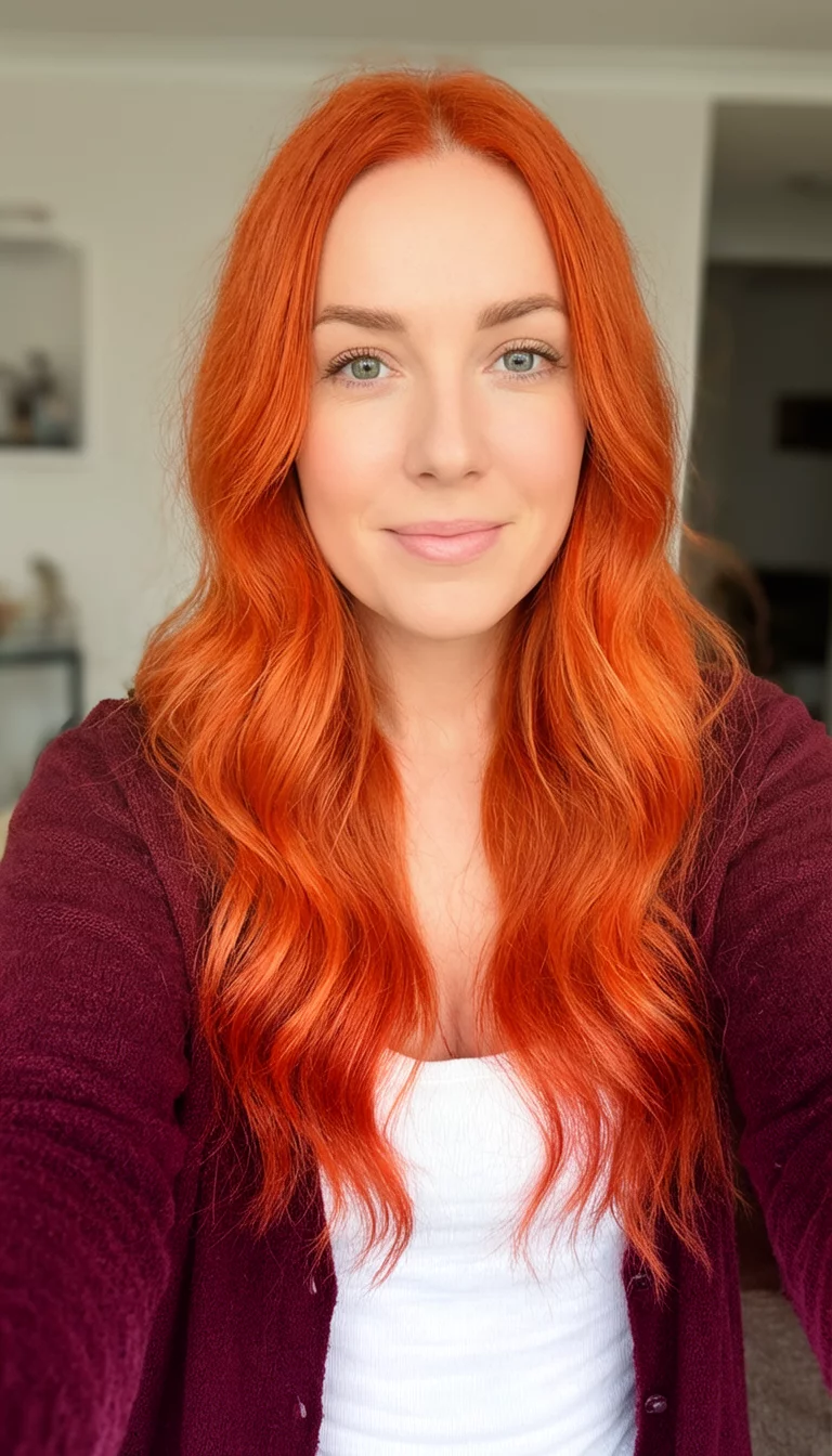 Bright Spiced Ginger selfie of a 29-year-old woman wearing a maroon cardigan over a white top with a bright reddish-orange colored long wavy hairstyle, front view, indoor setting