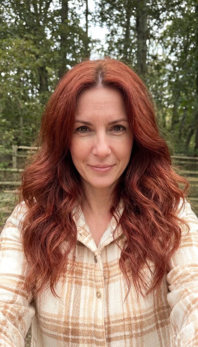 Plaid Jacket Auburn selfie of a 33-year-old woman wearing a cream and tan plaid jacket with a reddish-brown colored long wavy hairstyle, front view, outdoor setting