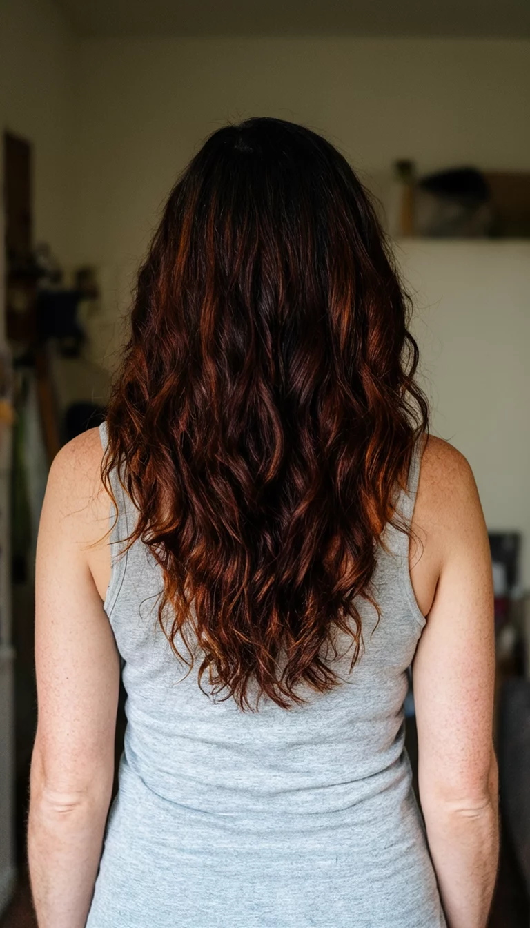 Dark To Auburn Melt casual photo of a 37-year-old woman wearing a light grey tank top with a dark brown to auburn colored long wavy hairstyle, back view, indoor setting