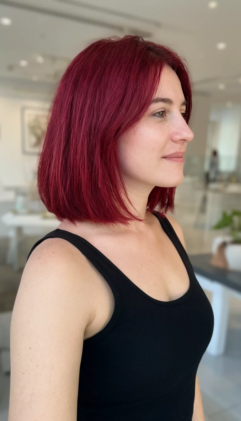 Deep Garnet Side Profile casual photo of a 28-year-old woman wearing a black tank top with a deep red colored shoulder-length hairstyle, side view, softly lit modern setting