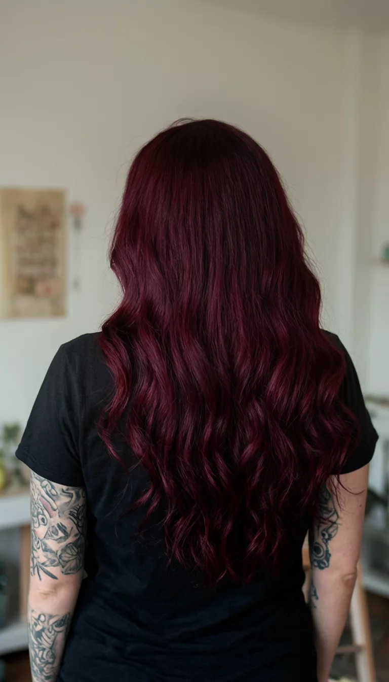 Inked Burgundy Waves casual photo of a 33-year-old woman wearing a black t-shirt with a deep burgundy colored long wavy hairstyle, back view, indoor setting with tattoos visible