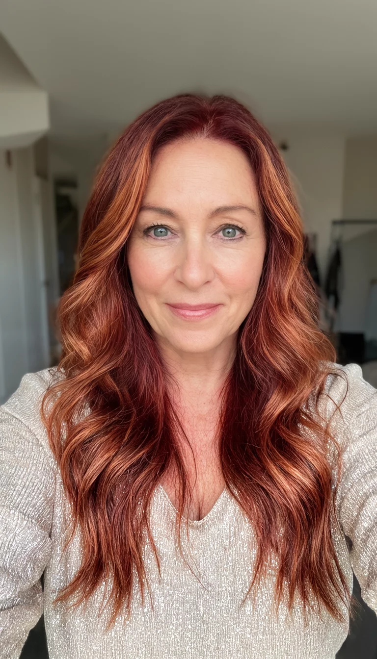 Shimmering Copper Chestnut selfie of a 41-year-old woman wearing a shimmering light-colored top with a reddish-brown with striking copper undertones and highlights colored long wavy hairstyle, front view, indoor setting
