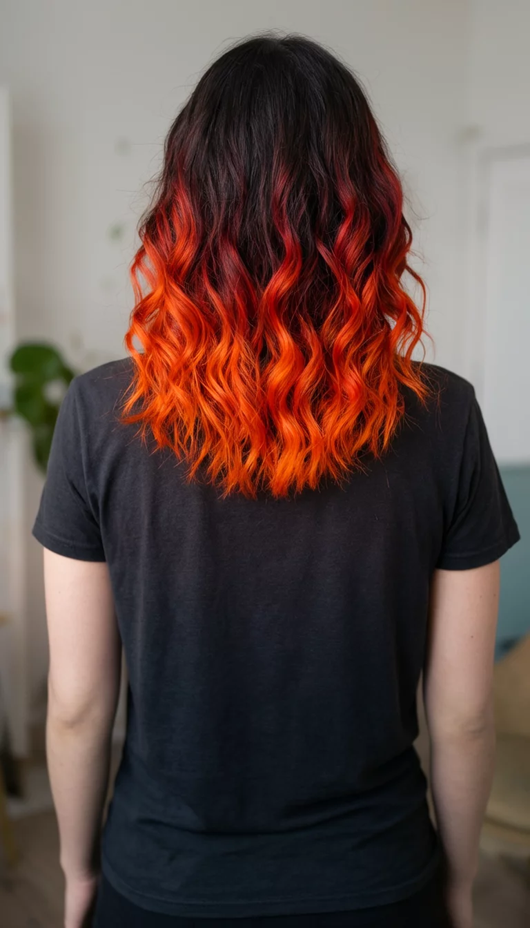 Fiery Ombre Melt casual photo of a 21-year-old woman wearing a simple top with a dark base and ends transitioning to a fiery orange and red ombre colored wavy shoulder-length hairstyle, back view, indoor setting