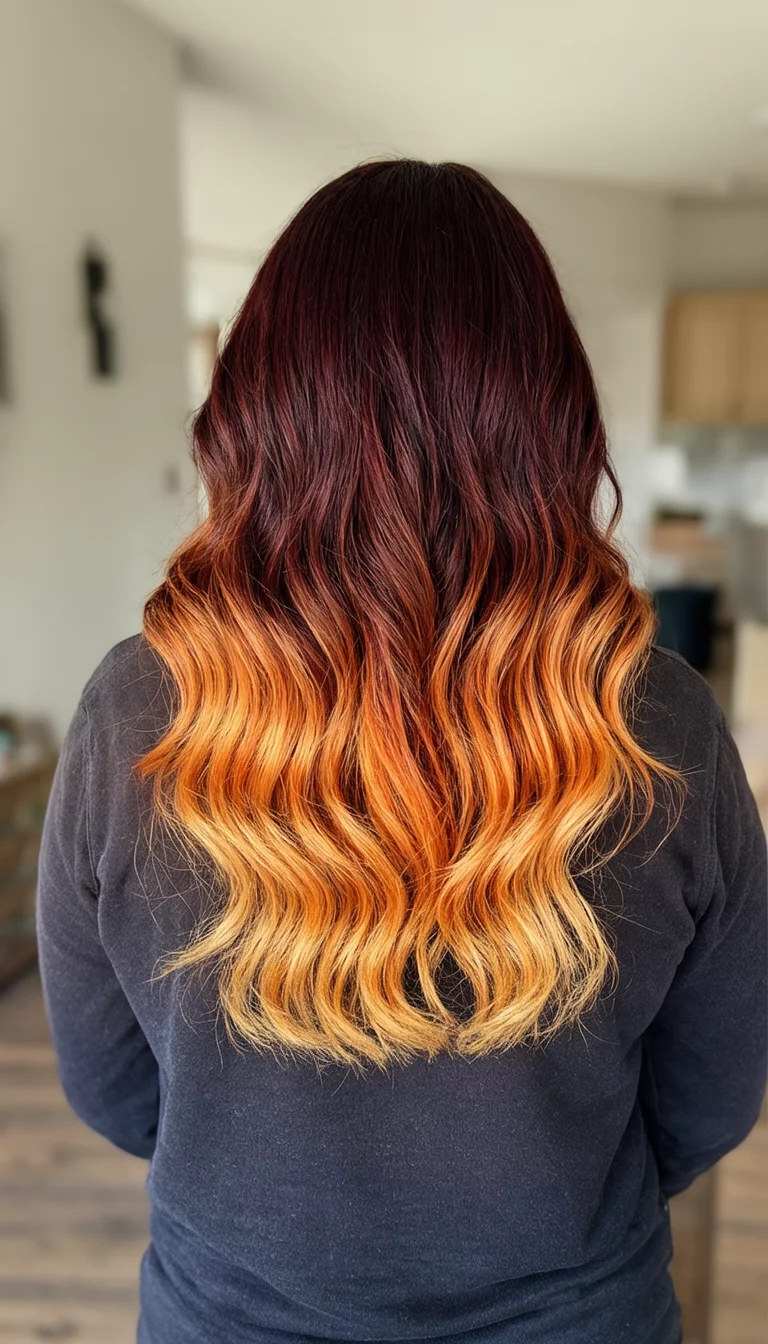 Autumnal Root Smudge casual photo of a 34-year-old woman wearing a dark top with a dark auburn to bright orange and blonde ombre colored wavy hairstyle, back view, indoor setting