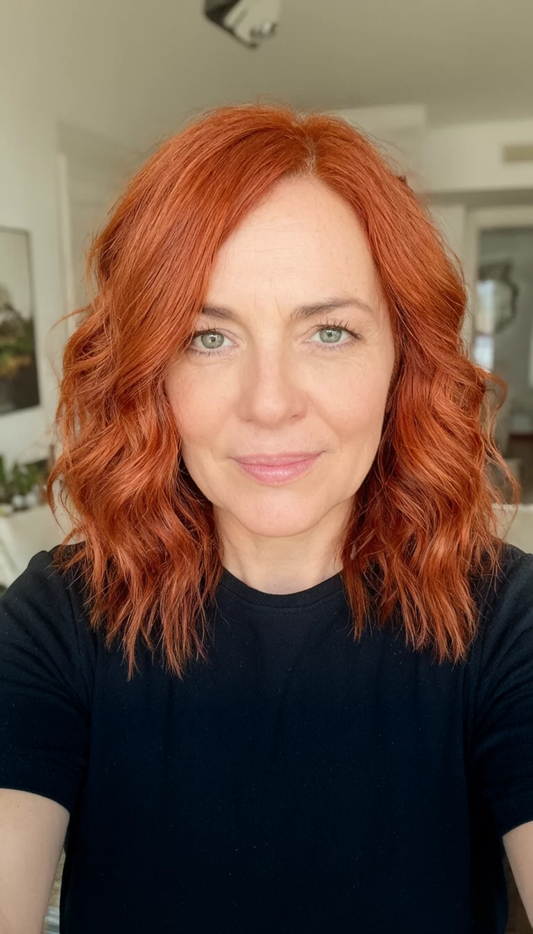 Bright Copper Bob selfie of a 36-year-old woman wearing a black top with a bright copper-red colored shoulder-length wavy hairstyle, front view, indoor setting