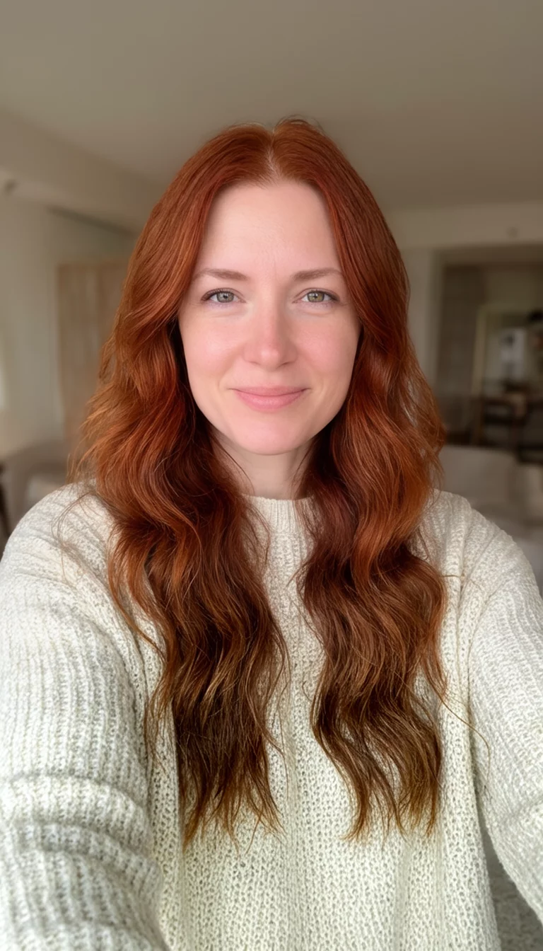 Cozy Auburn Glow selfie of a 32-year-old woman wearing a cream-colored sweater with an auburn colored long wavy hairstyle, front view, cozy indoor setting