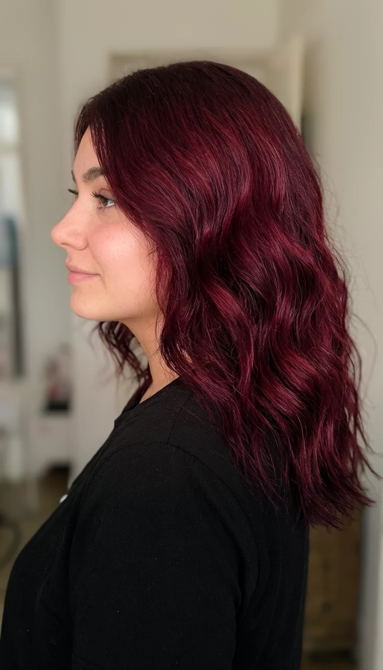 Dark Cherry Profile casual photo of a 24-year-old woman wearing a black top with a dark cherry-red colored wavy shoulder-length hairstyle, side view, indoor setting