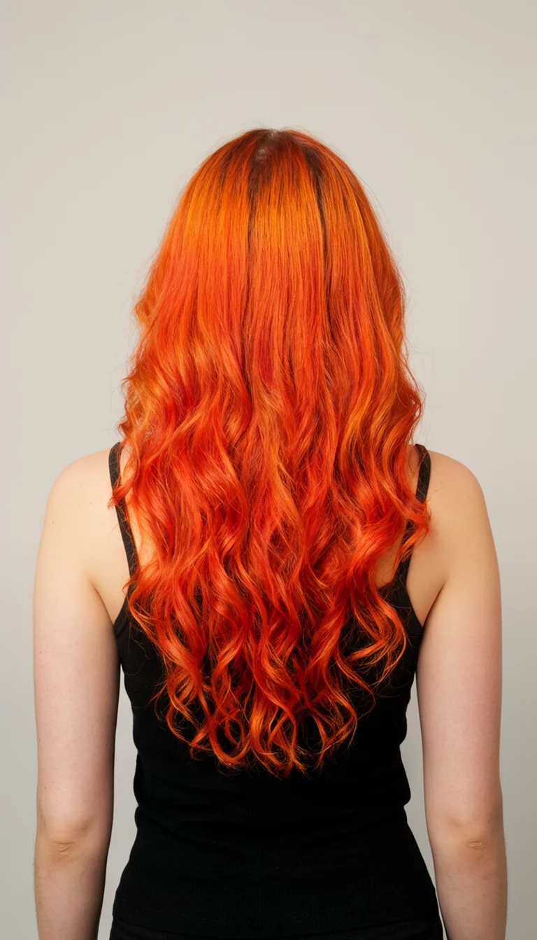 Sunset Gradient Waves casual photo of a 22-year-old woman wearing a black tank top with a vibrant orange and red gradient colored long wavy hairstyle, back view, plain studio background
