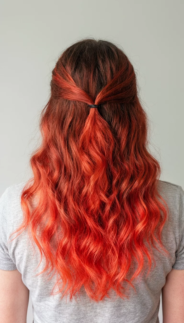Multi-Toned Pumpkin Ombre casual photo of a 26-year-old woman wearing a simple top with a bright multi-toned reddish-orange ombre colored long wavy hairstyle with a small knot detail at the crown, back view, neutral background