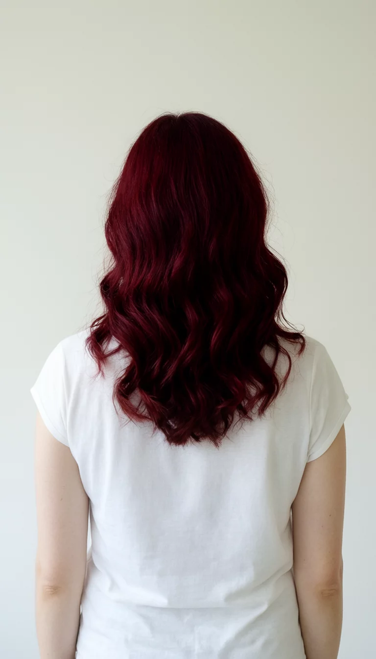 Dark Merlot Waves casual photo of a 31-year-old woman wearing a simple white top with a dark red colored wavy hairstyle, back view, plain light background