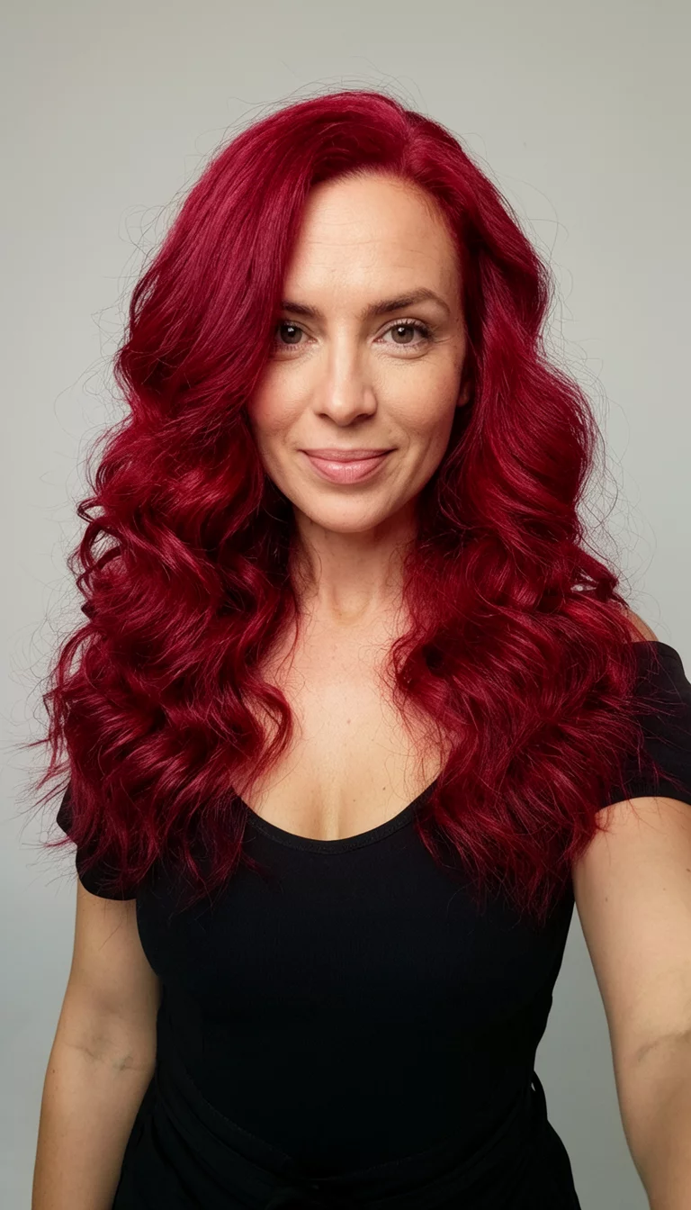 Bold Crimson Statement selfie of a 27-year-old woman wearing a stylish top with a bold crimson red colored voluminous wavy hairstyle, front view, studio setting