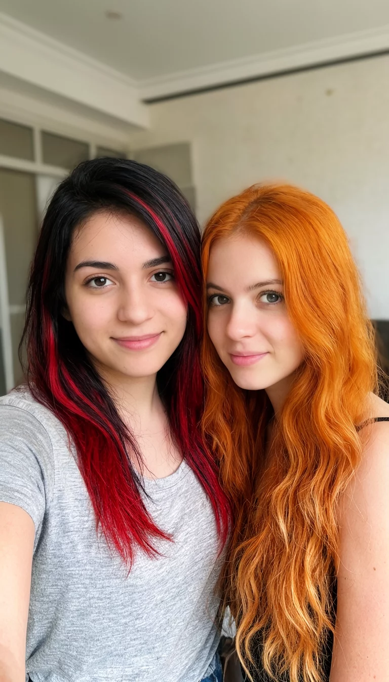The Red and Orange Duo selfie of a 25-year-old woman wearing a casual top with dark hair featuring red streaks and a friend with long wavy ombre orange hair, front view, indoor setting