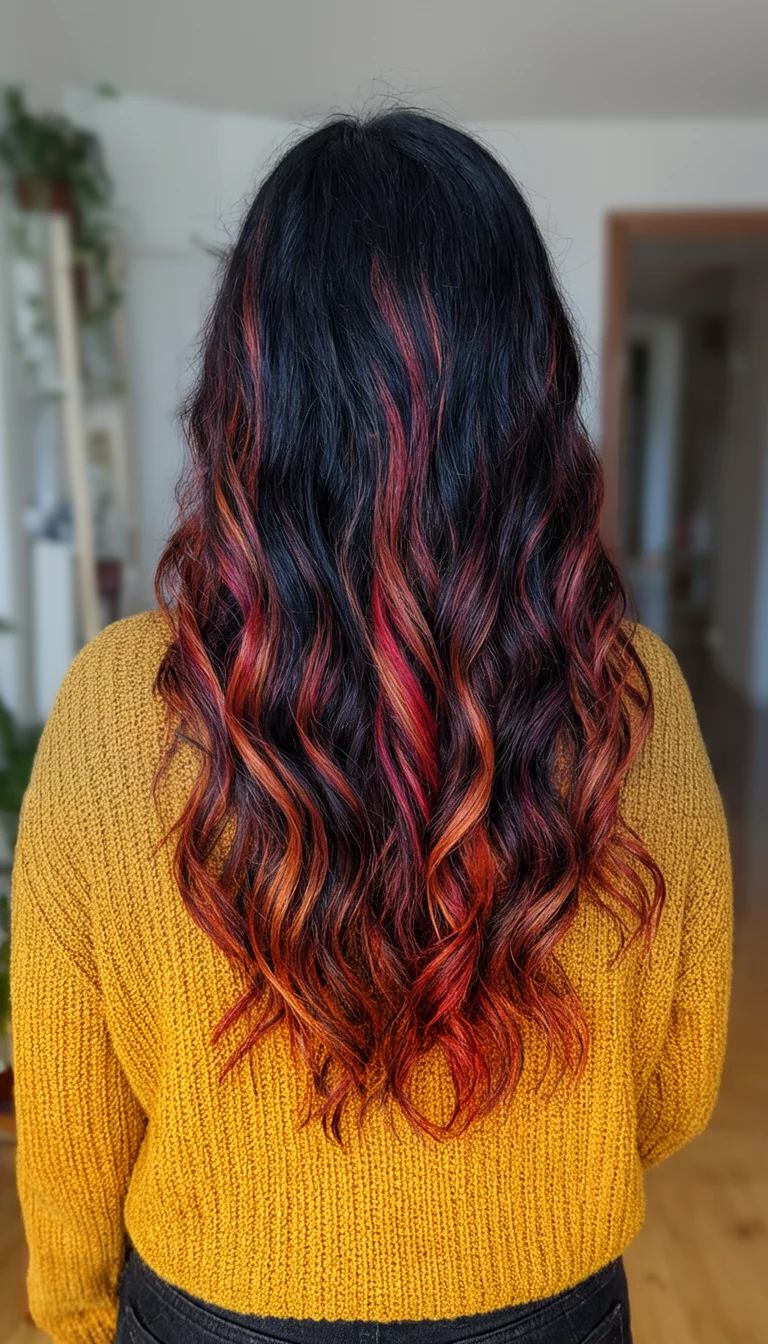 Fall Foliage Streaks casual photo of a 30-year-old woman wearing a mustard-colored sweater with a dark colored long wavy hairstyle with vibrant multi-colored streaks of red orange and copper, back view, indoor setting